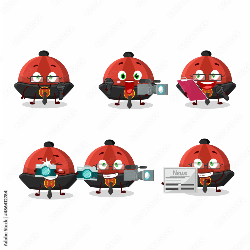 Canvas Prints character reporter red chinese traditional hat cute mascot with microphone