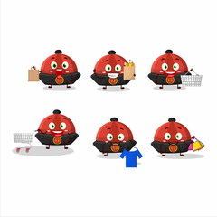 A Rich red chinese traditional hat mascot design style going shopping