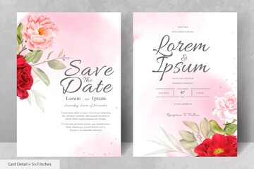 Fototapeta na wymiar Romantic Watercolor Wedding Invitation Card Set with Maroon Floral and Leaves