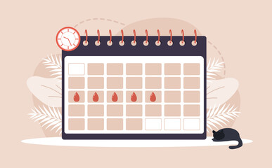 Woman period. Menstruation calendar shedule. Female critical day problems. Vector illustration in flat cartoon style.