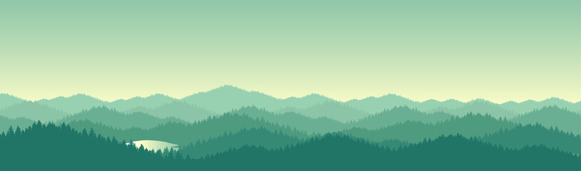 Vast mountain landscape illustration and pine forest under the sky