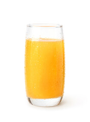 Glass of cool orange juice with water droplets isolated on white background.