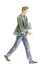 The figure of a young man in casual clothes. He goes to the right of the viewer. In full growth. Watercolor illustration