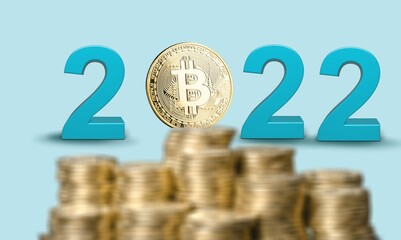 Bitcoin 2022 price prediction concept. Btc coin standing next to year numbers on background.