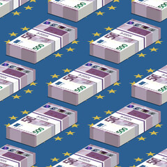 3d seamless pattern of EU paper money. Volumetric bundles purple of 500 euro banknotes staggered manner against the background of the European flag