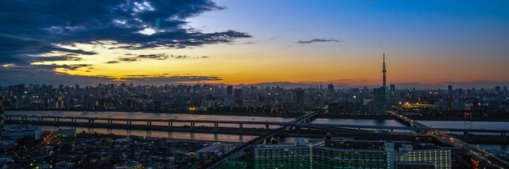 panoramic city skyline aerial night view with tokyo skytree  in Tokyo, Japan