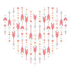 Watercolor hand drawn romantic Valentine's Day heart shape with illustration of cute vertical arrows, hearts, doodles, dots in cartoon flat style isolated on white background