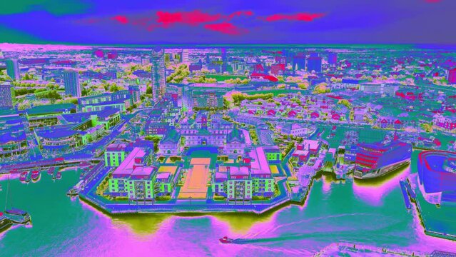 Aerial view above Wightlink ferry port thermal imaging scanner across urban harbour waterfront