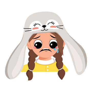 Girl with big eyes and crying and tears emotion, sad face, depressive eyes in cute rabbit hat with long ears. Head of child with melancholy face for holiday Easter. Vector flat illustration