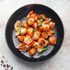 vegetarian pasta no meat tomato sauce conchiglie shells healthy meal food vegan food snack on the table copy space food background 