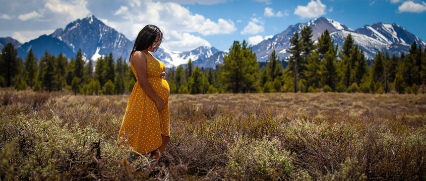 Young pregnant woman wearing a yellow dress in nature 