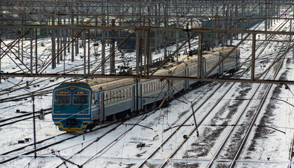 Railway cars and rails in winter.