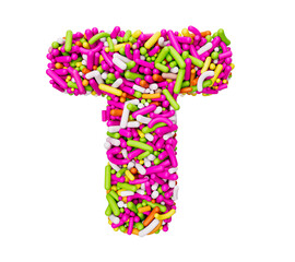 Alphabet T made of Colorful Sprinkles Letter T Rainbow sprinkles 3d illustration