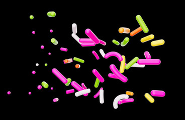 Fototapeta na wymiar Colorful sprinkle falling on Black dark background 3d illustration