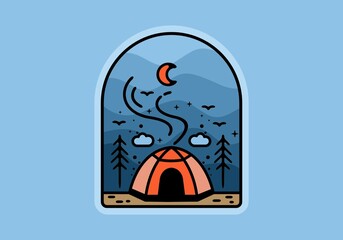 Colorful tent camping line art illustration badge