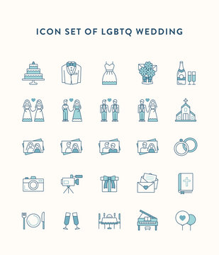 LGBTQ icons. Set of icons of different types of modern wedding couples.
