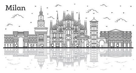 Fototapeta premium Outline Milan Italy City Skyline with Reflections and Historic Buildings Isolated on White.