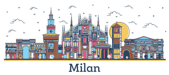 Fototapeta premium Outline Milan Italy City Skyline with Colored Buildings Isolated on White.