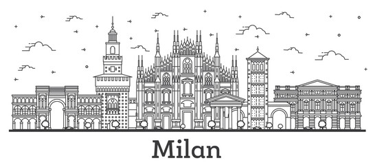 Outline Milan Italy City Skyline with Historic Buildings Isolated on White.