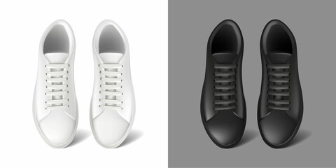 3d realistic vector icon. White and black running sneakers with lace. Sport shoes. 