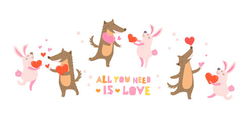 Set Pair of cute animals in love - wolf and hare in different poses. Lettering - all you need is love. Vector illustration.