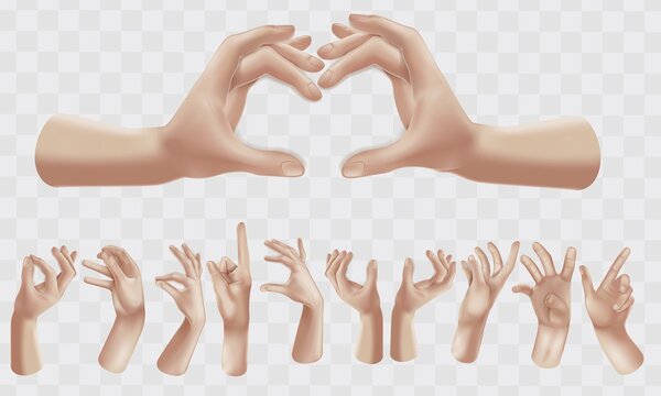 Two hands make a heart sign. Love, romantic relationship concepts. Stylized hands fold the shape of a heart. Finger gesture. 3D sign. Element for design.