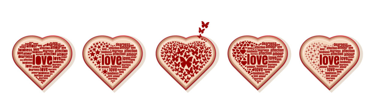 Fototapeta Set of vintage hearts with various images and romantic inscriptions. Heart symbolizing love.Romantic design. Vector illustration