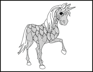 Unicorn Mandala vector and coloring page, doodle stylized unicorn head