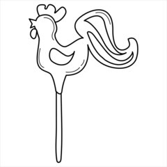 Sugar cockerel on a wooden stick in doddle style. Coloring book. EPS 10.