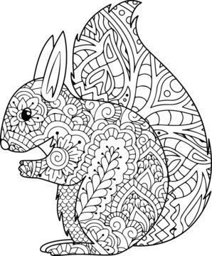 Doodle stylized squirrel, Adult antistress coloring page. mandala animal