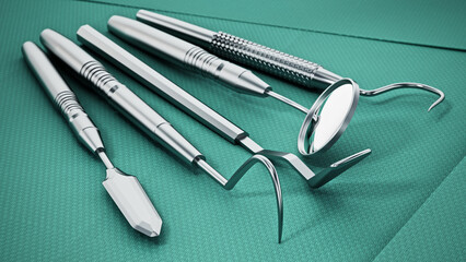Set of dentist tools standing on green sterile cloth. 3D illustration
