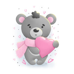 A grey bear with a heart. Illustration on a white background. Digital graphics.