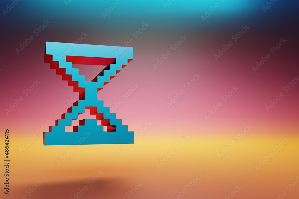 Poster pixel icon hourglass. beautiful blue hourglass icons symbol on multicolor bright background. 3d rend