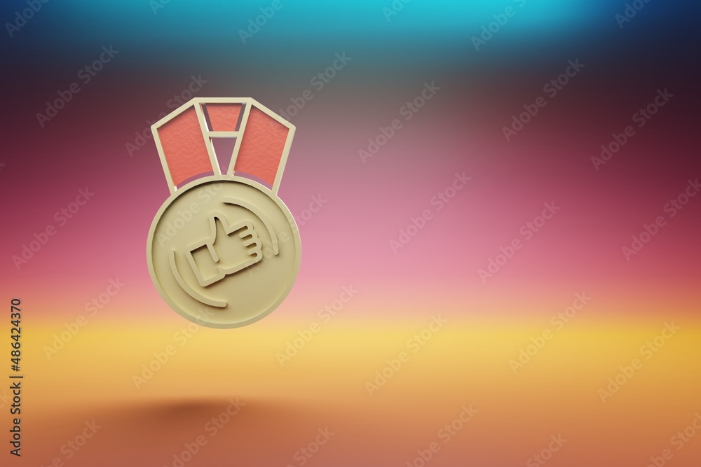 Aufkleber beautiful golden medal thumbs up symbol on multicolor bright background. 3d rendering illustration. 