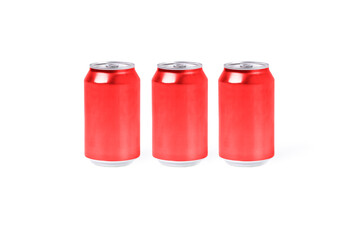 Three red aluminum cans on a white background. Drink concept.