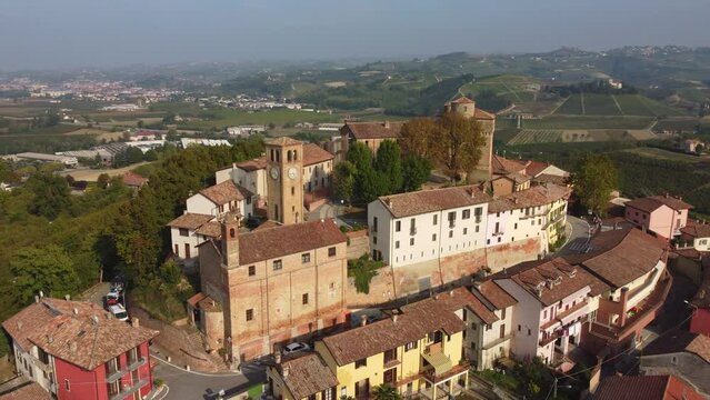 Roddi town and castle aerial view in Langhe, Piedmont Italy (Piemonte)
