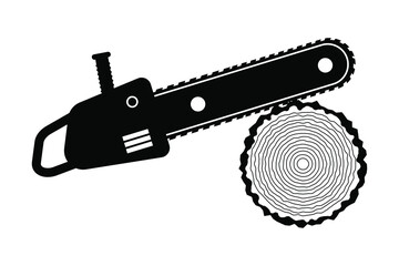 Chainsaw sawing log,black on white background,sign and symbol for sawmill or logging, vector illustration