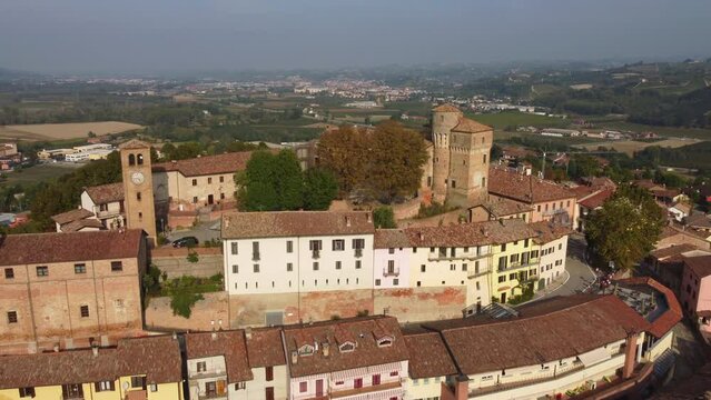 Roddi town and castle aerial view in Langhe, Piedmont Italy (Piemonte)