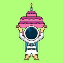 Astronaut lifting birthday cake, cute cartoon icon illustration