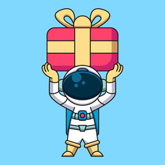 Astronaut lifting a gift, cute cartoon icon illustration