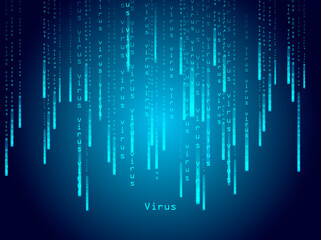 falling binary code with text virus blue background