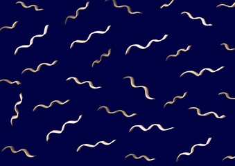 Abstract art background navy blue color with wavy zigzag golden lines. Backdrop with curve fluid white ribbon.