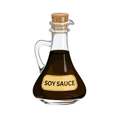 Soy sauce in glass bottle isolated on white background. Vector cartoon flat illustration.