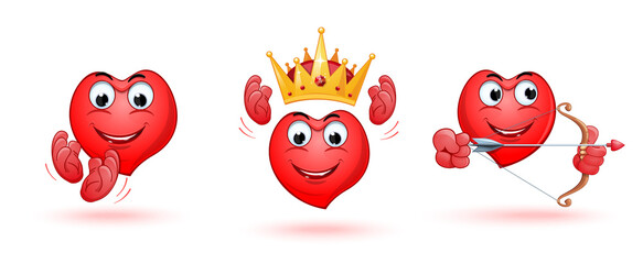 Funny heart icons set. Heart shaped emoji collection. Vector illustration