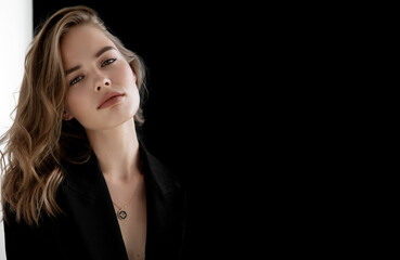 Natural look. Beauty model woman . Model test portrait with young beautiful fashion model posing on grey background. Blond woman in a black blazer . Natural makeup