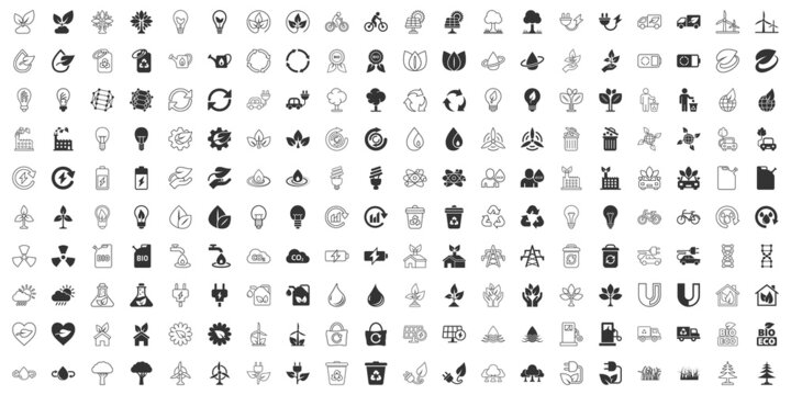 Eco environment icons set in flat style. Ecology vector illustration on white isolated background. Bio emblem sign business concept.