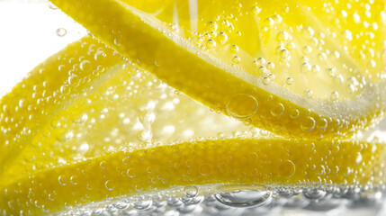Fresh lemon slice in water with bubbles in the glass. - obrazy, fototapety, plakaty
