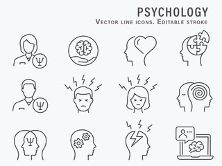 Psychology icon set. Collection of mental, brain, emotion, doctor and more. Vector illustration. Editable Stroke. - 486426744