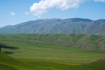 Obraz premium Beautiful green mountains with cloudy sky on background in spring season. Mountain valley landscape. Colorful scenery.
