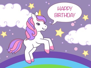 Obraz na płótnie Canvas Birthday card with cute unicorn and rainbow. Vector illustration